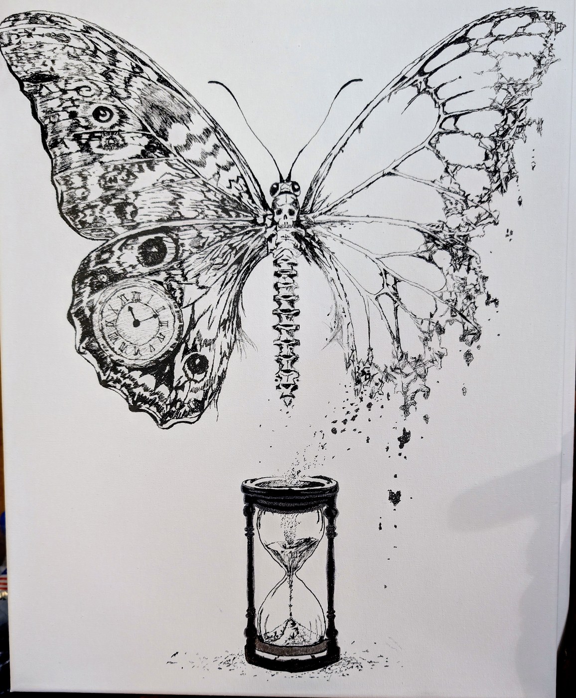 A butterfly with a clock in one wing dissolving into sand that falls into an hourglass below