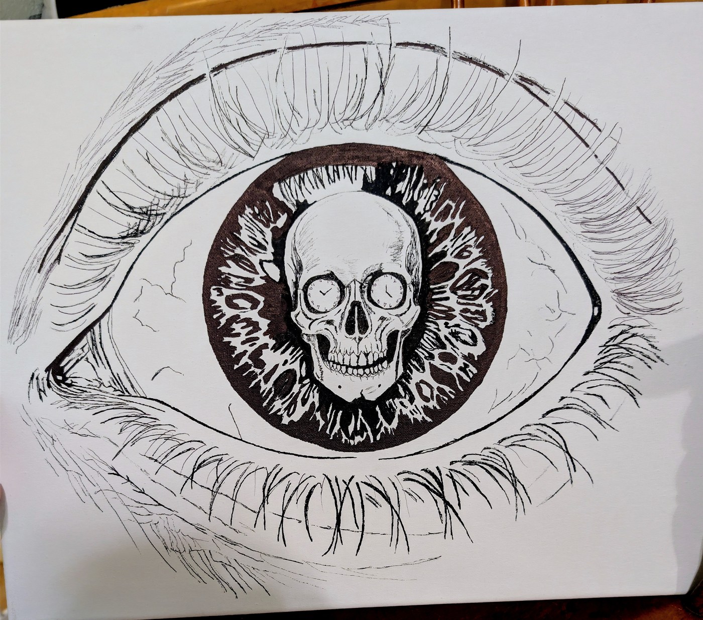 A large detailed eye with a skull as its pupil and tiny clocks in the skull's sockets