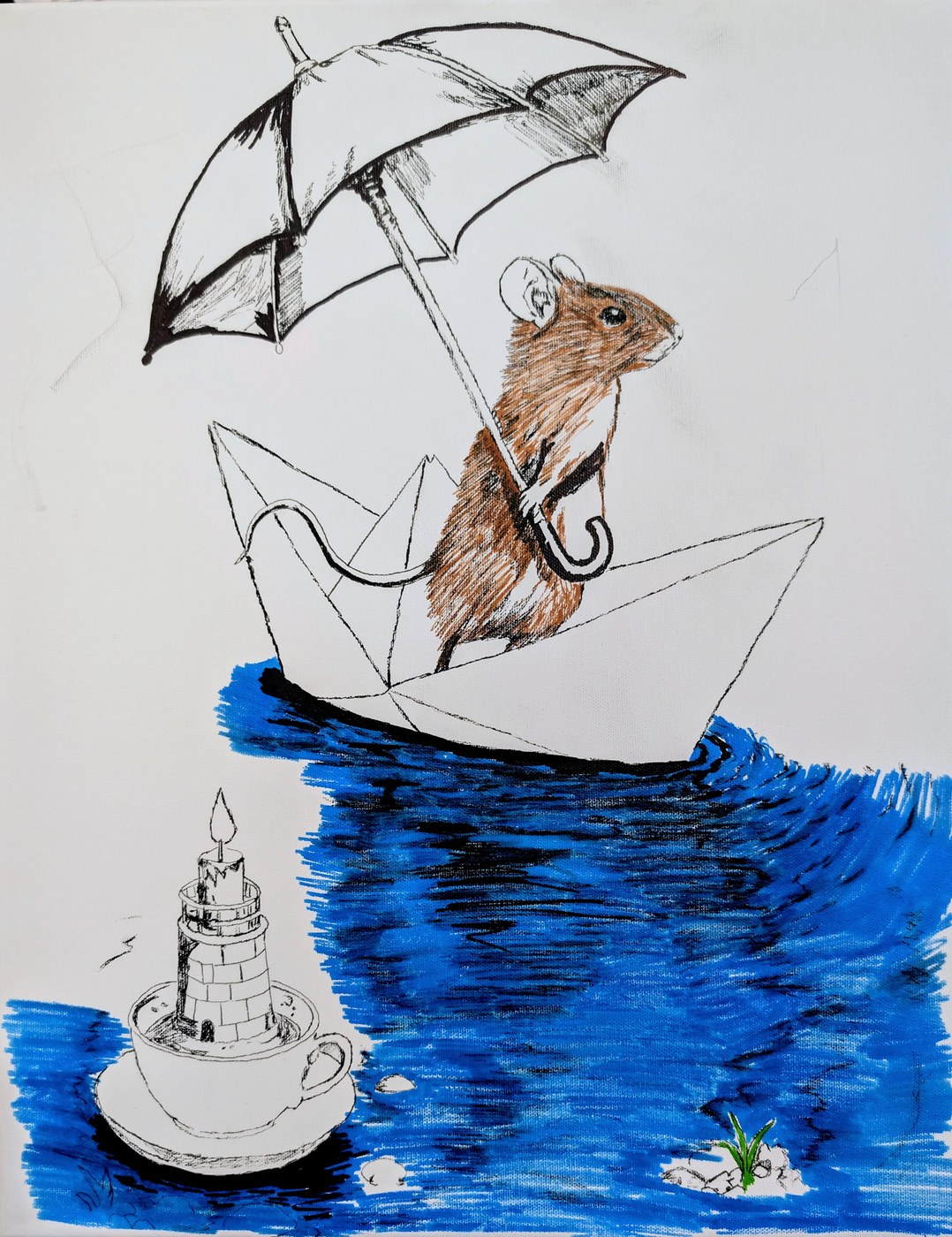 A mouse holding an umbrella in a paper boat, sailing past a lighthouse made of a candle in a teacup