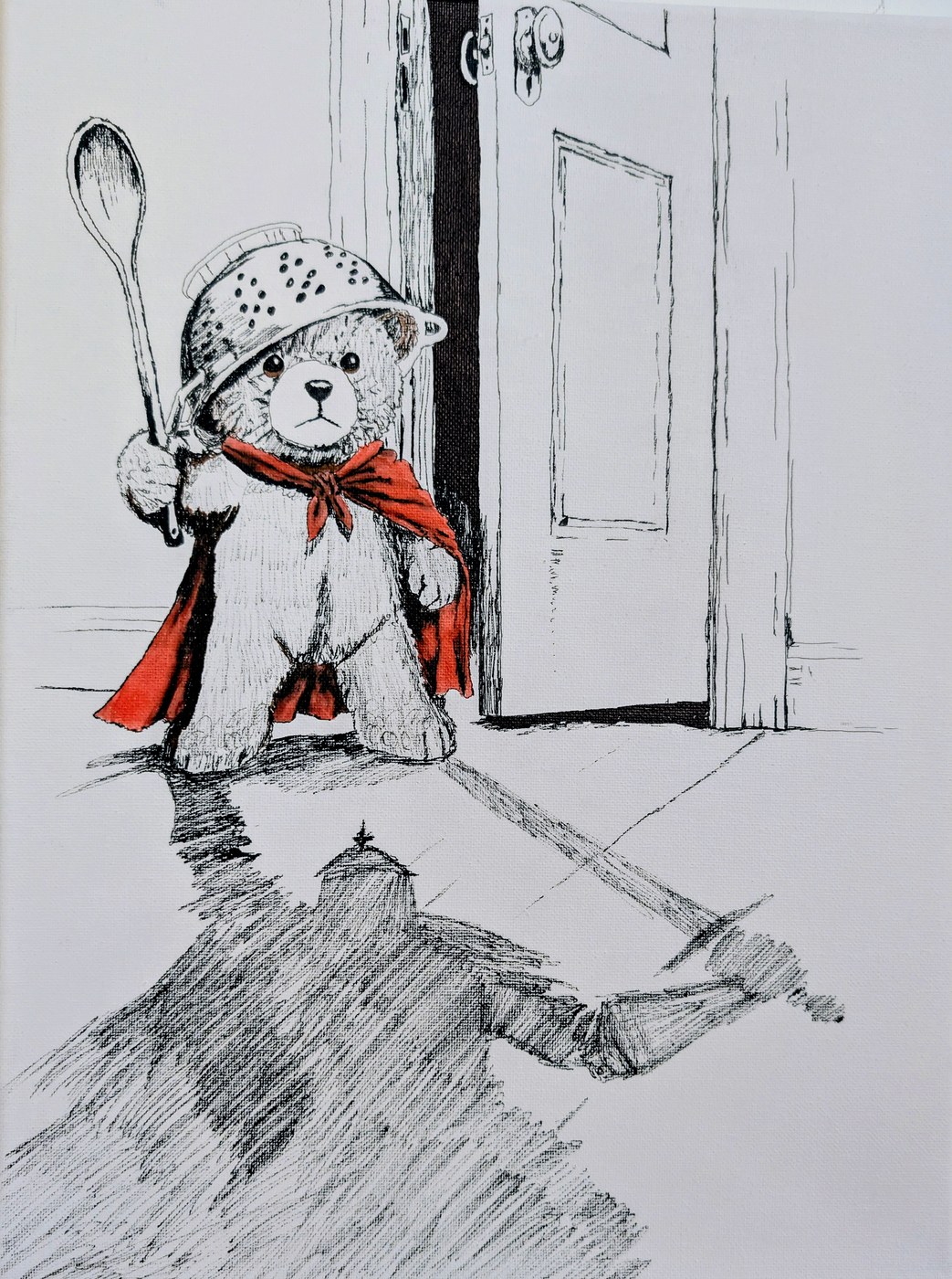 A teddy bear in a colander helmet and red cape holding a wooden spoon, casting the shadow of a knight