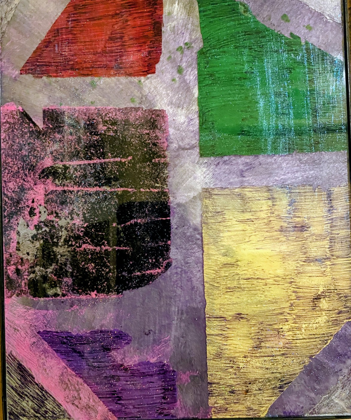 An abstract layered-glass color study in red, green, gold and violet