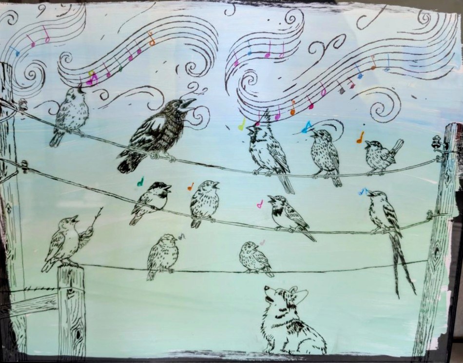 A crowd of songbirds on telephone wires with music notes, a small dog listening below