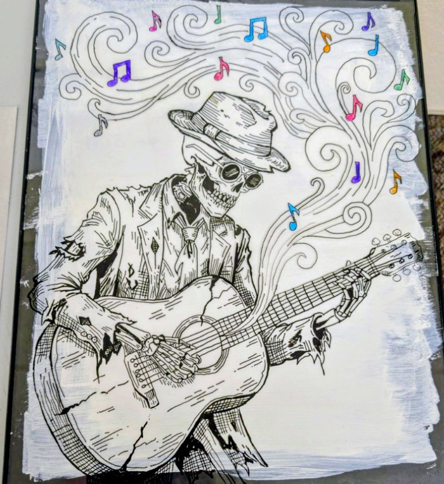 A skeleton in a hat playing guitar, colorful music notes drifting up