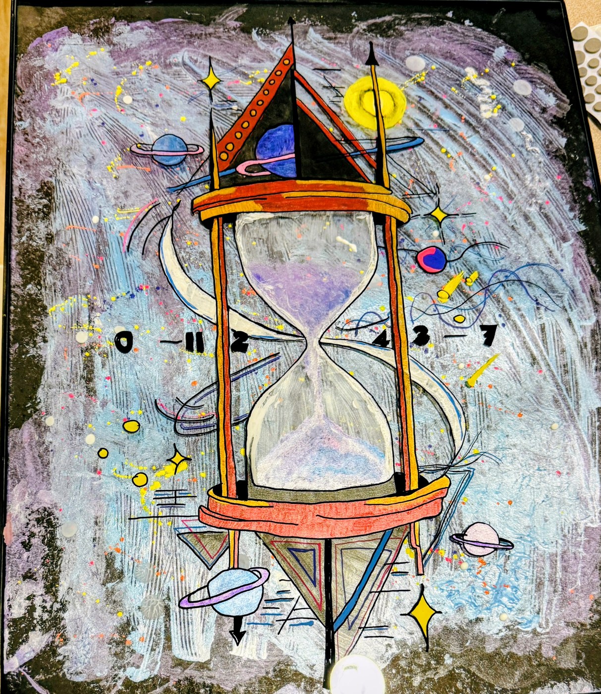 An ornate hourglass floating in a starry cosmos of planets and comets