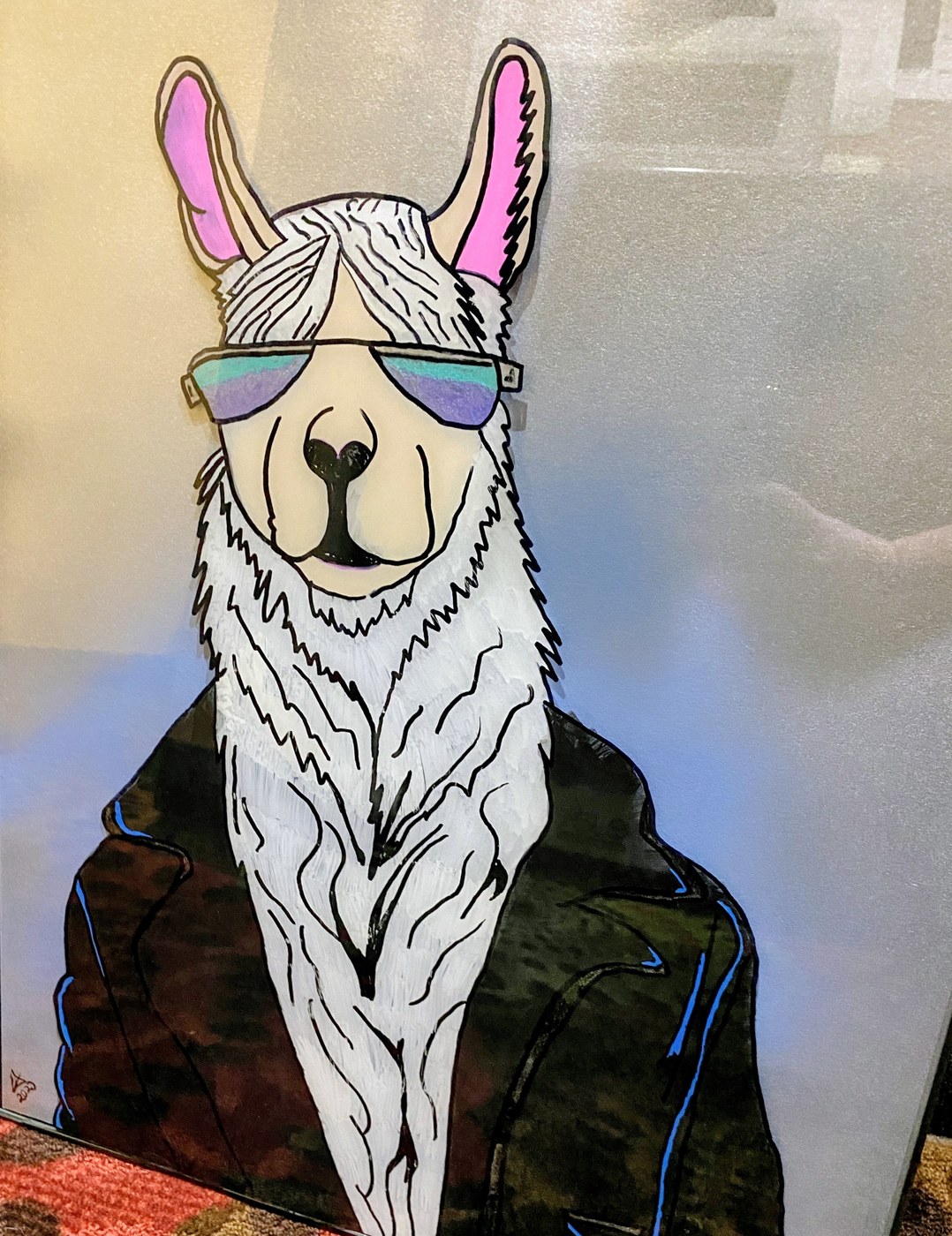 A llama in mirrored sunglasses and a leather jacket, painted on glass