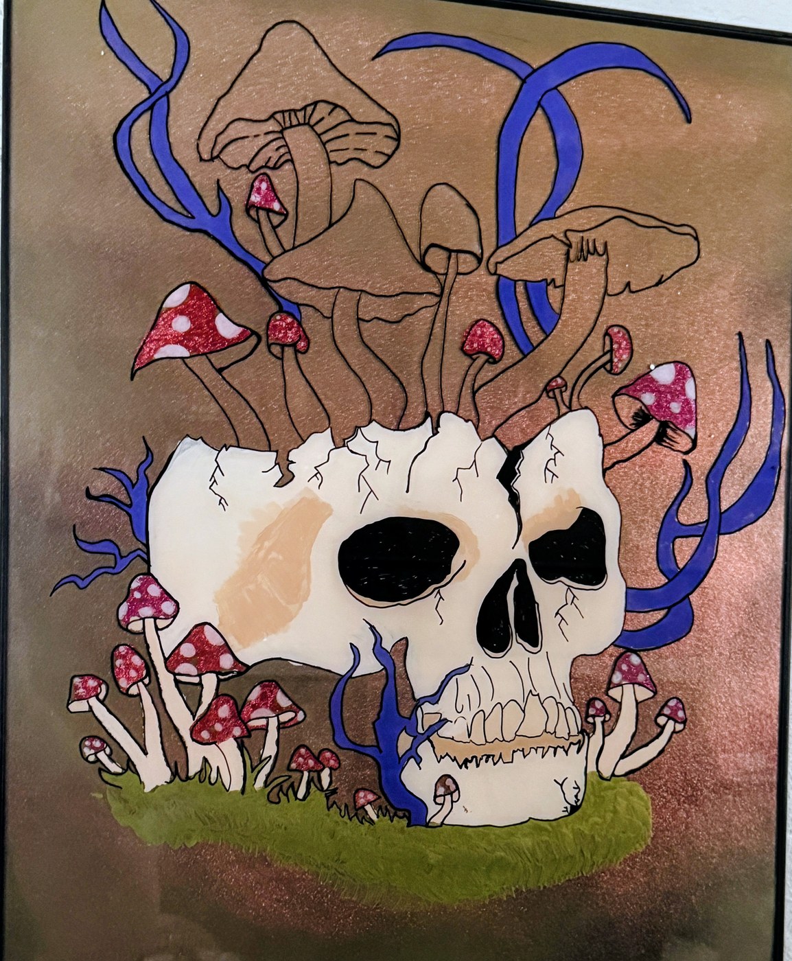 A skull with mushrooms growing out of it and blue vines winding through