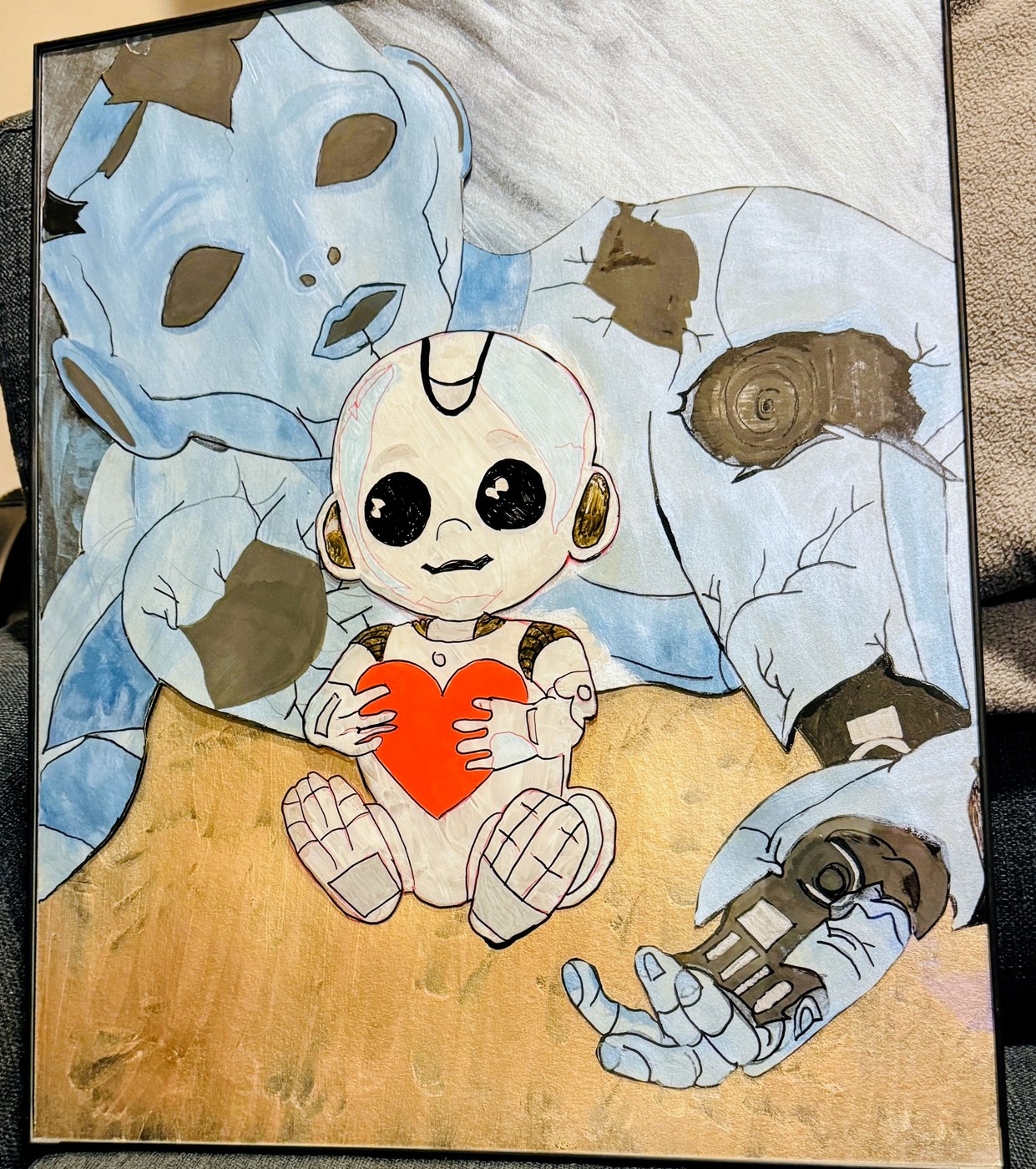 A small robot child holding a red heart, surrounded by larger broken robots