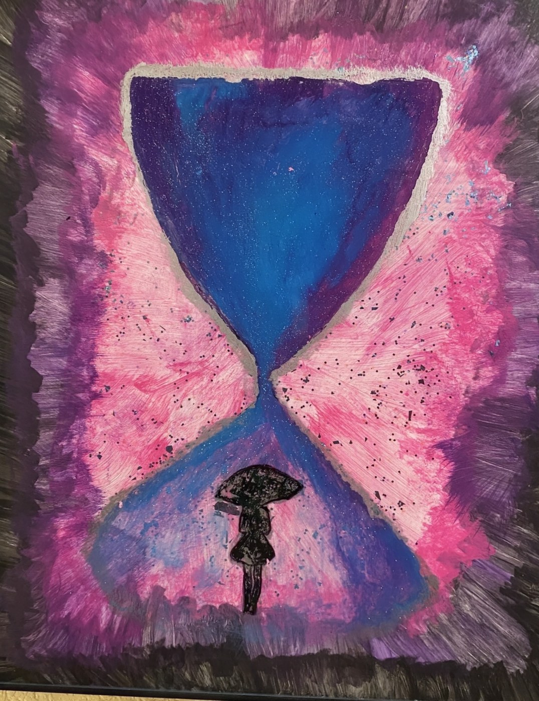 A small figure with an umbrella standing in an hourglass of pink and blue light