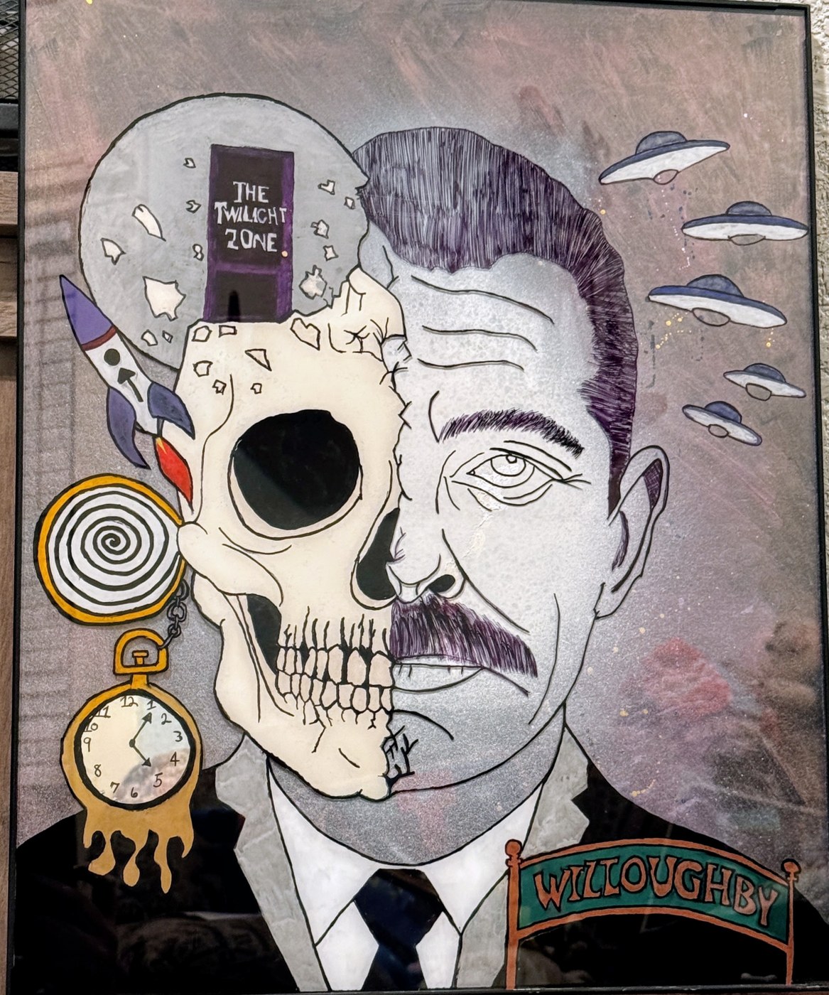 A man's face split into a skull, with UFOs, a melting watch and a Twilight Zone door